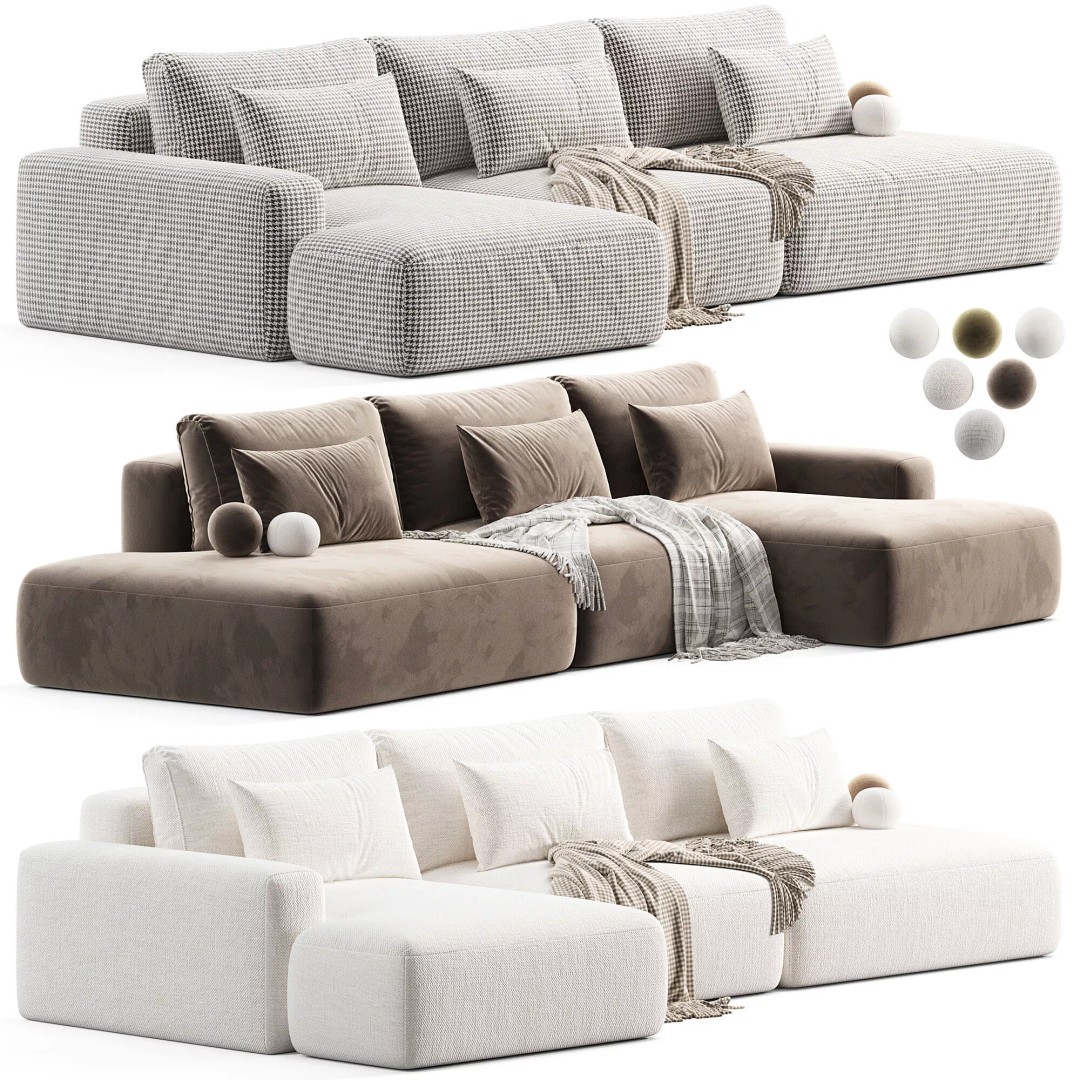 Modern Corner Liga Long Sofa-bed 3D Model – Minimalist Interior Asset, OBJ, FBX