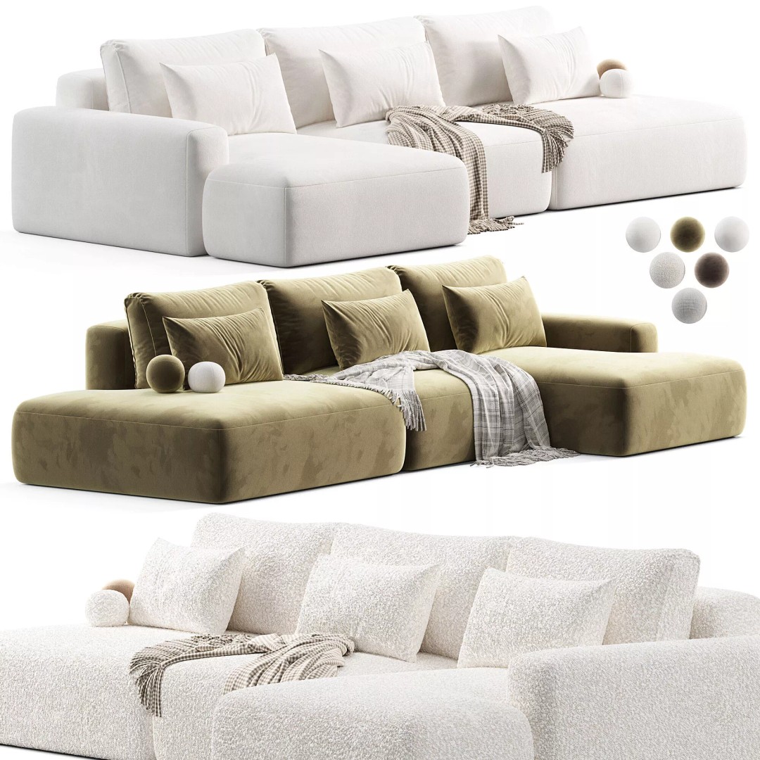 Modern Corner Liga Long Sofa-bed 3D Model – Minimalist Interior Asset, OBJ, FBX - View 2