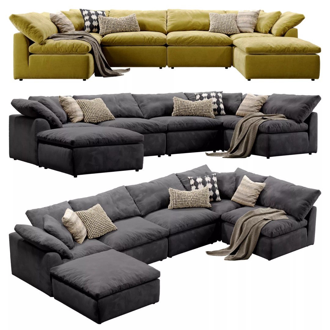 Cloud Grand U-Sofa Bumper Sectional 3D Model – Luxury Sofa with Textures - View 2