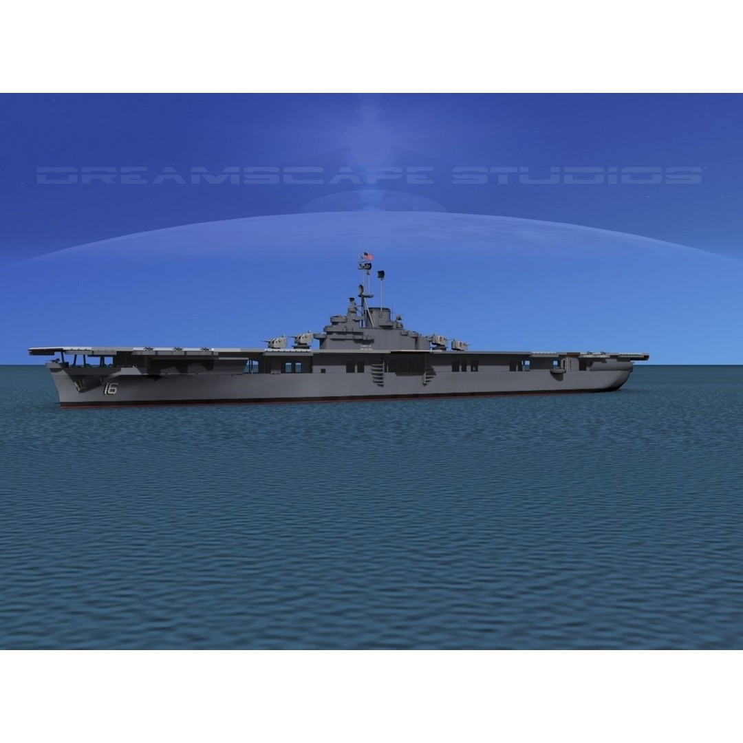 USS Lexington 3D Model – Essex Class Aircraft Carrier, Rigged & Textured - View 3