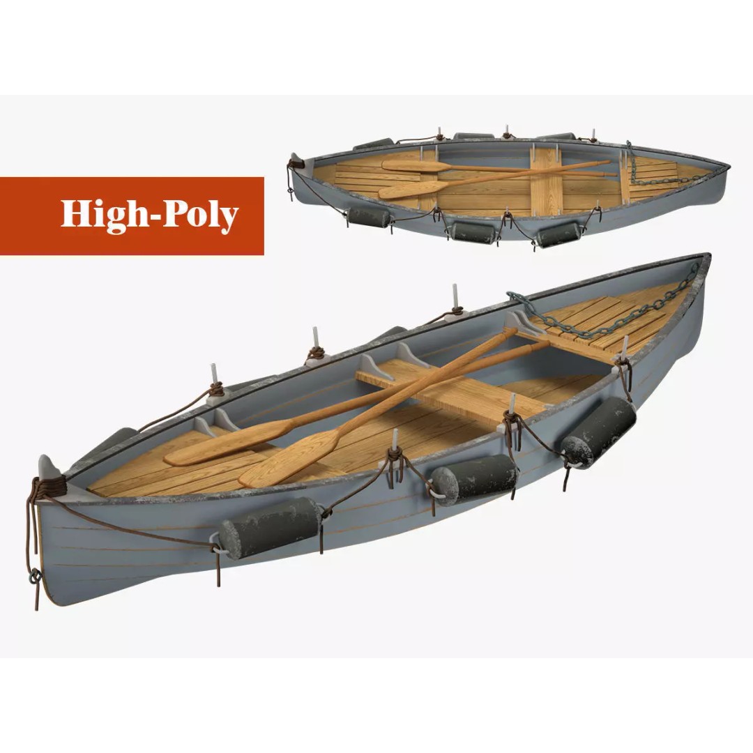 Boat 3D Model – High Poly Watercraft with Oars, FBX, PBR - View 2
