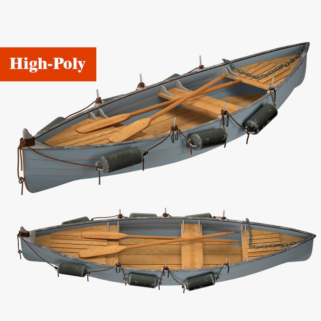 Boat 3D Model – High Poly Watercraft with Oars, FBX, PBR - View 3