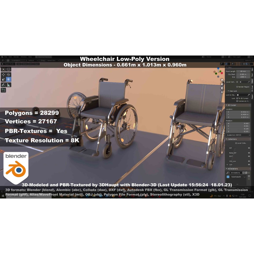 Wheelchair 3D Model – Low Poly PBR Textured Game Asset, FBX & OBJ - View 101