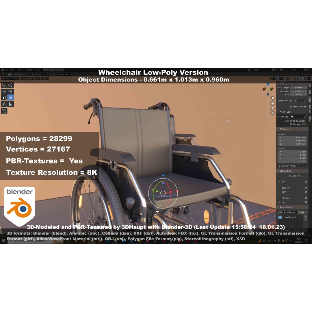 Wheelchair 3D Model – Low Poly PBR Textured Game Asset, FBX & OBJ - View 140