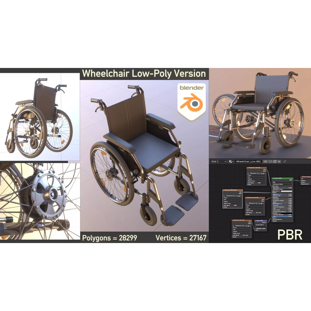 Wheelchair 3D Model – Low Poly PBR Textured Game Asset, FBX & OBJ - View 2