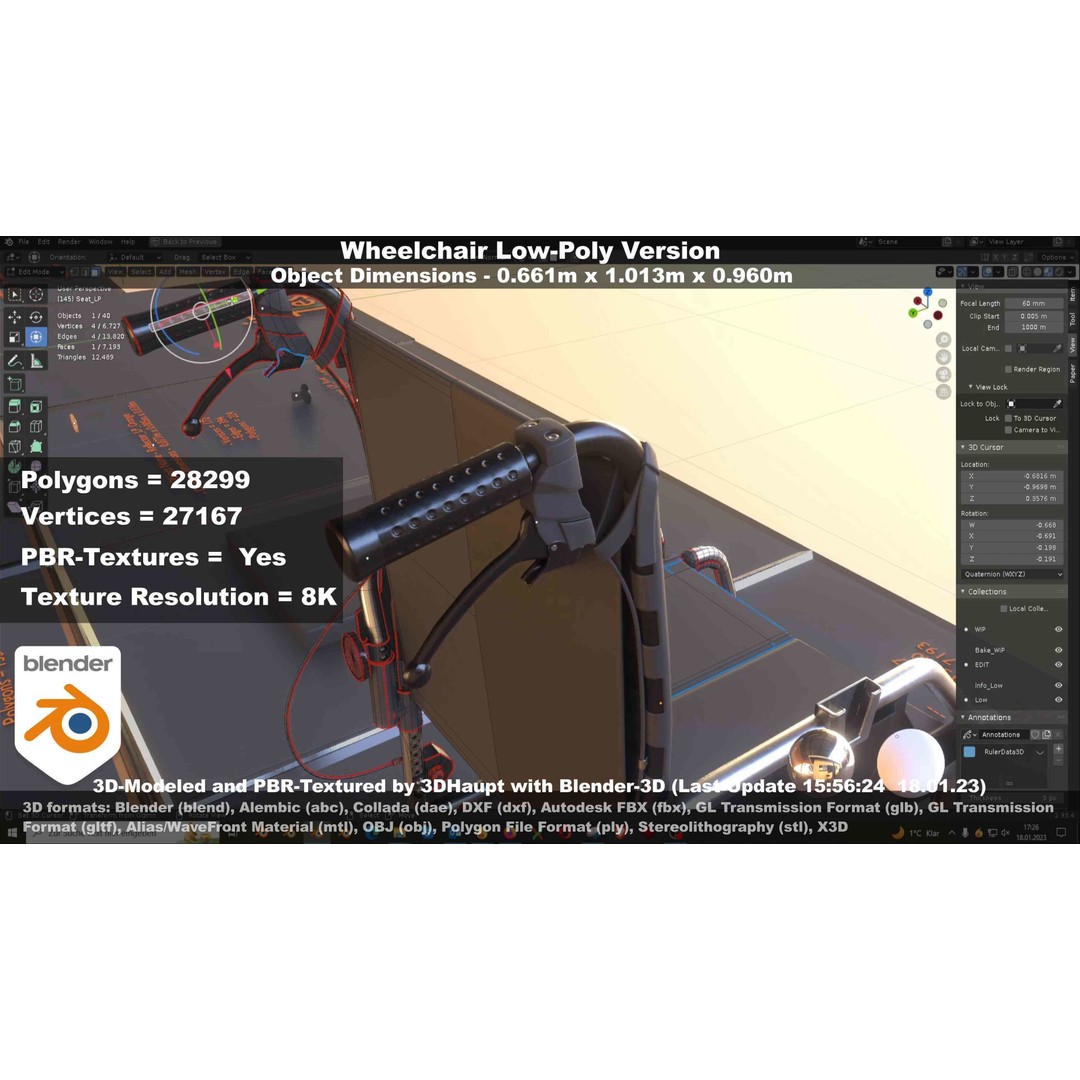 Wheelchair 3D Model – Low Poly PBR Textured Game Asset, FBX & OBJ - View 90
