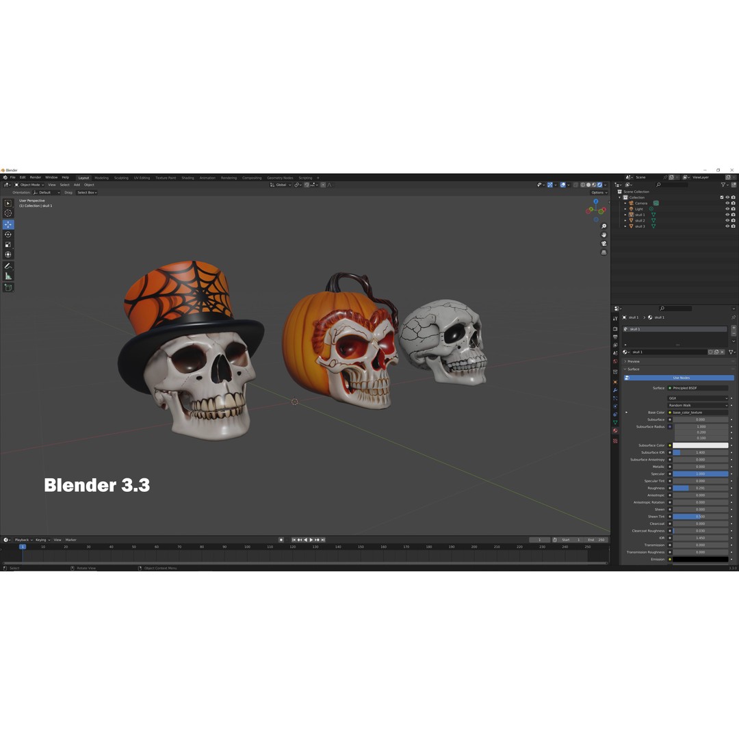 Halloween Skulls 3D Model – Low Poly Game Asset, FBX, OBJ, Blender