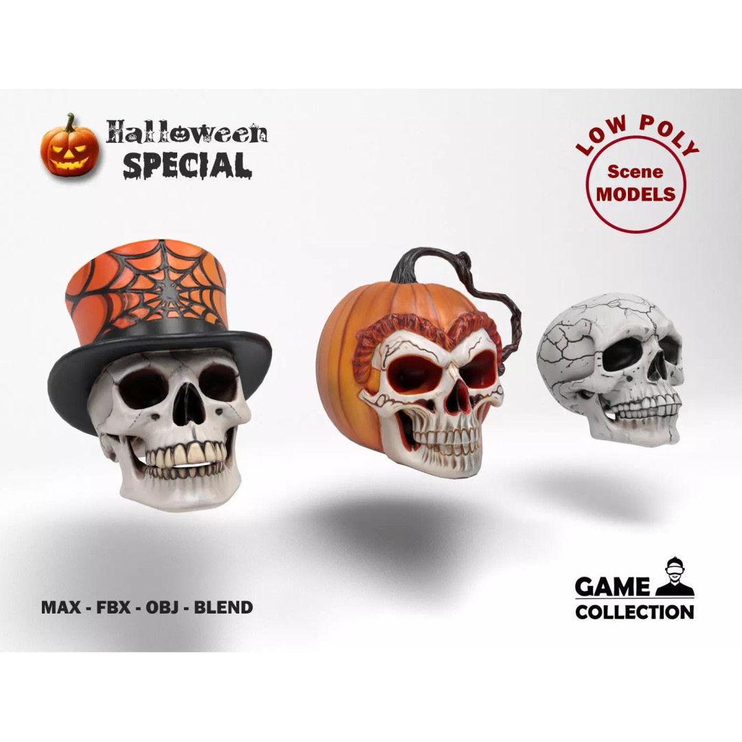 Halloween Skulls 3D Model – Low Poly Game Asset, FBX, OBJ, Blender - View 2