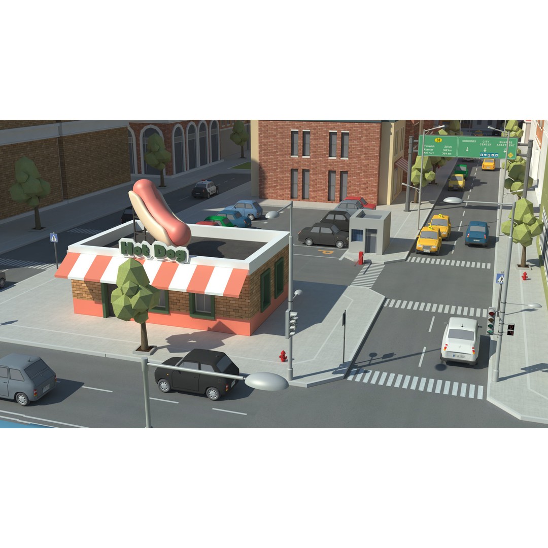Realistic Lowpoly City 3D Model – Low Poly Game Asset, FBX, V-Ray - View 11