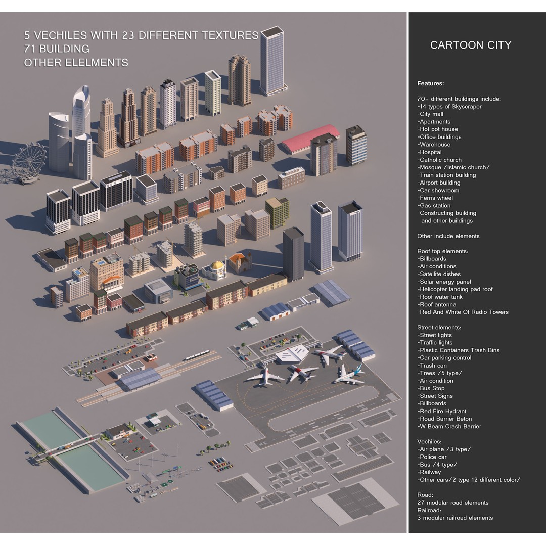 Realistic Lowpoly City 3D Model – Low Poly Game Asset, FBX, V-Ray - View 3