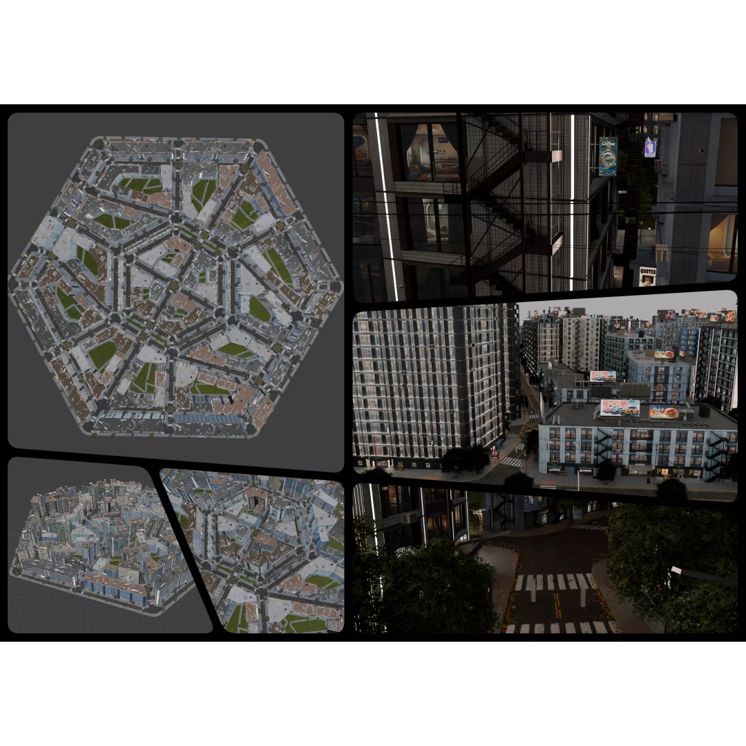 Hexagon City 3D Model – High-Detail Cityscape for Games, Blender - View 2
