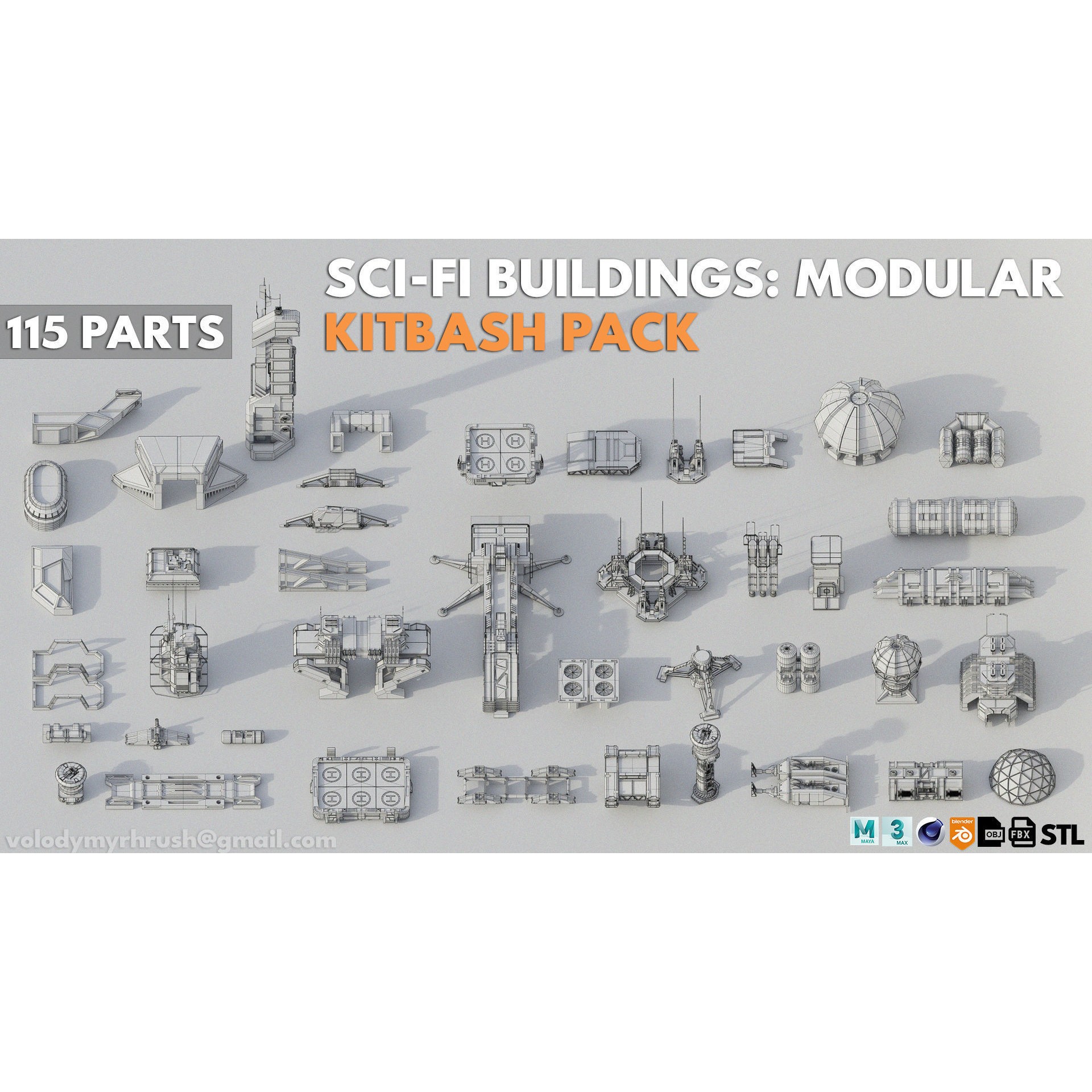 Sci-Fi Building Kitbash Pack - Low-Poly 3D Model - View 7