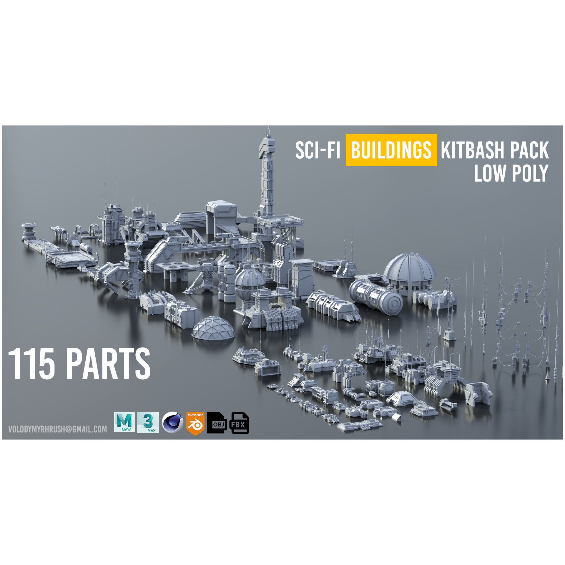 Sci-Fi Building Kitbash Pack - Low-Poly 3D Model - View 8