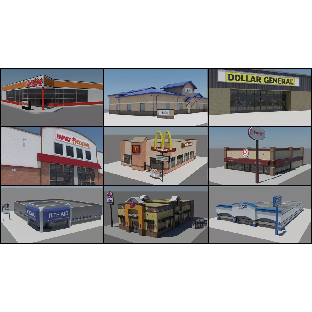 USA Chain Stores 3D Model – Low Poly Retail Buildings, FBX, Game Ready - View 2