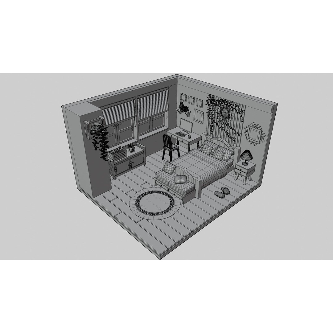 Cartoon Bedroom 3D Model – Low Poly Interior Design, FBX, OBJ