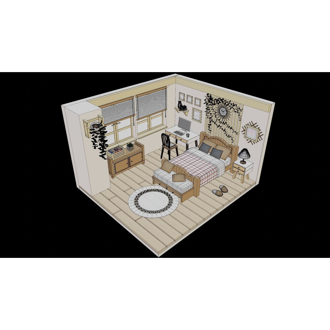 Cartoon Bedroom 3D Model – Low Poly Interior Design, FBX, OBJ - View 10