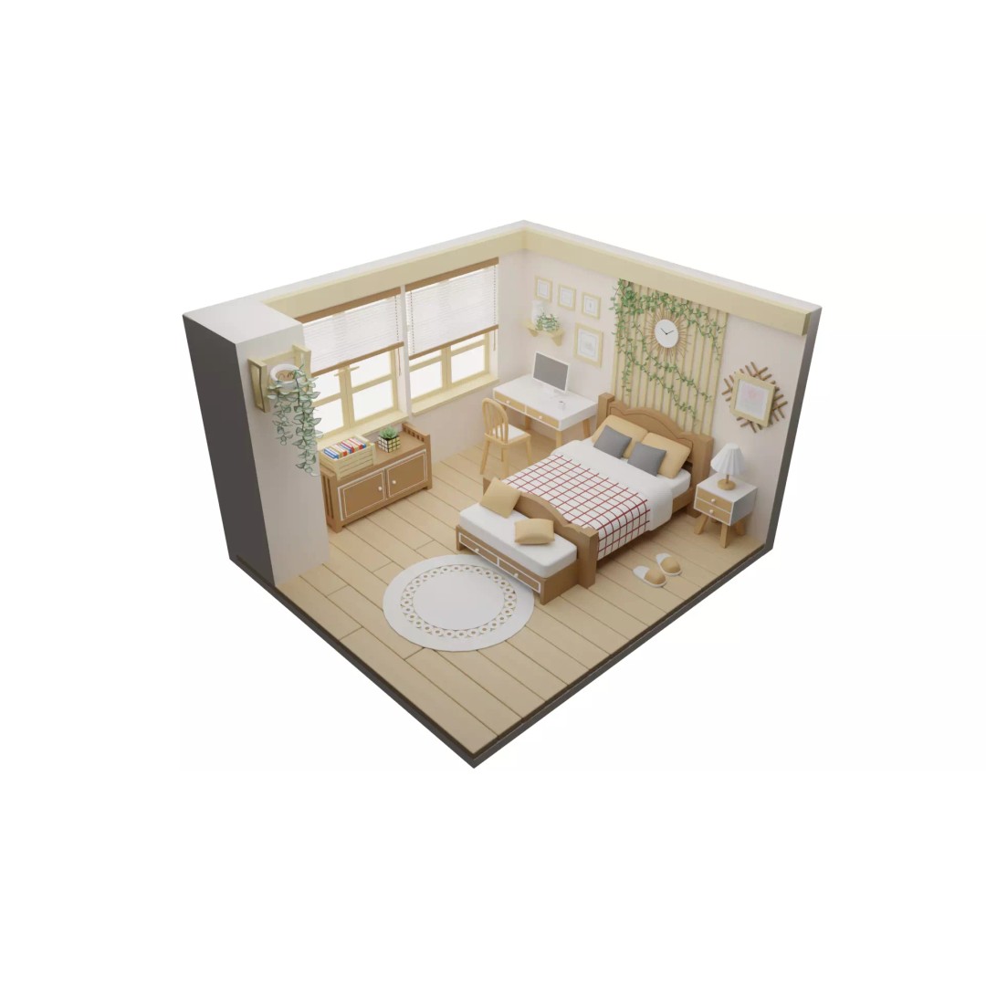Cartoon Bedroom 3D Model – Low Poly Interior Design, FBX, OBJ - View 2