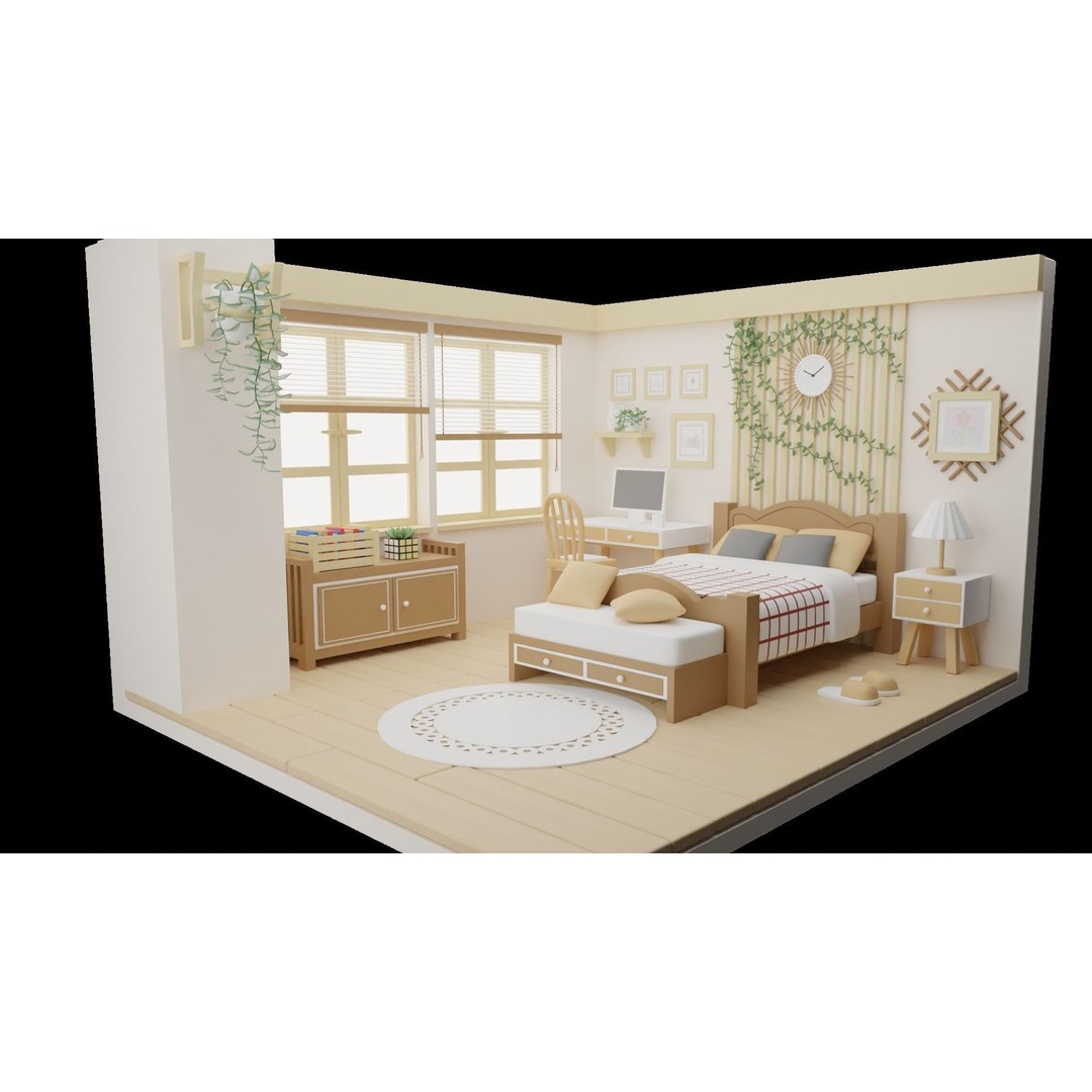 Cartoon Bedroom 3D Model – Low Poly Interior Design, FBX, OBJ - View 3
