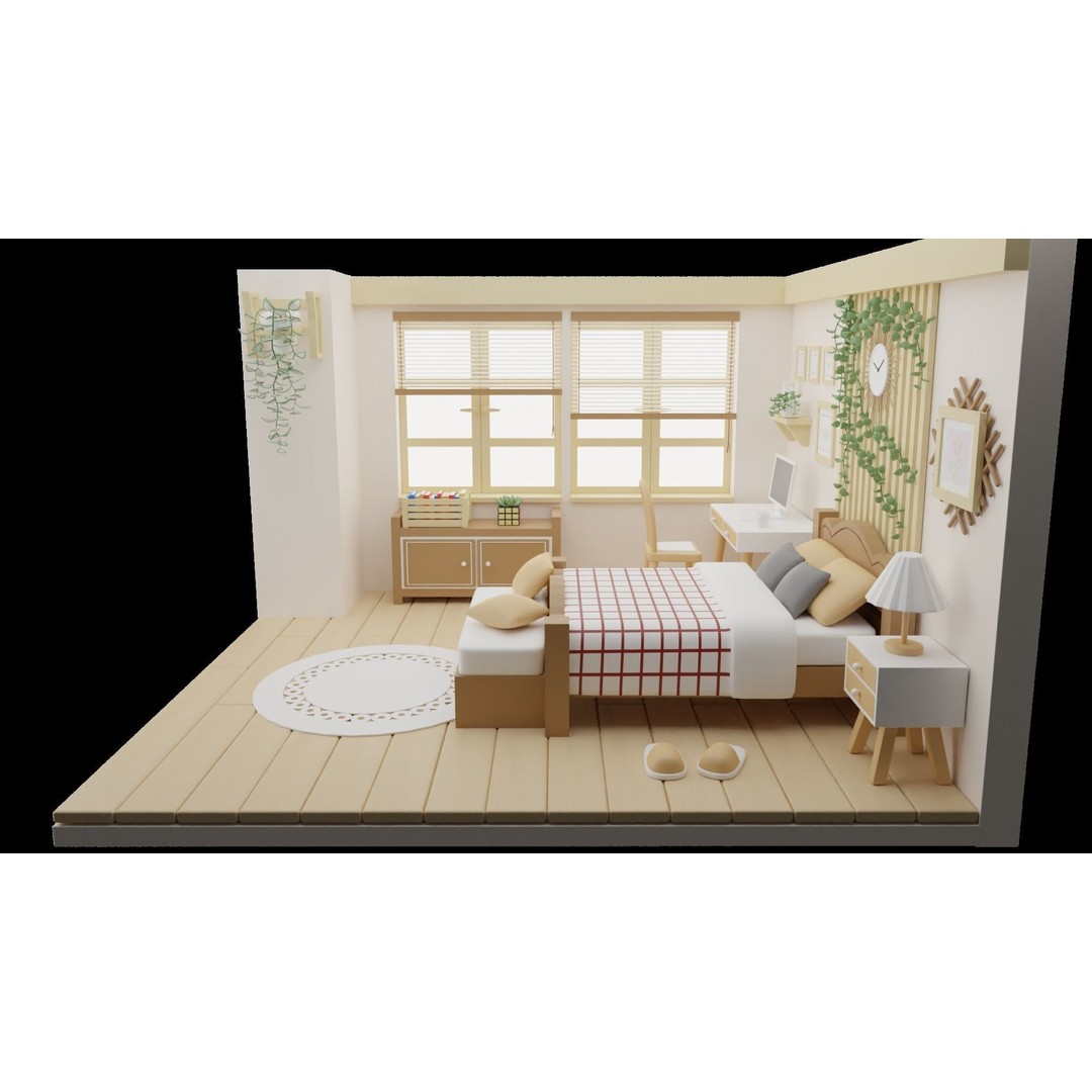 Cartoon Bedroom 3D Model – Low Poly Interior Design, FBX, OBJ - View 4