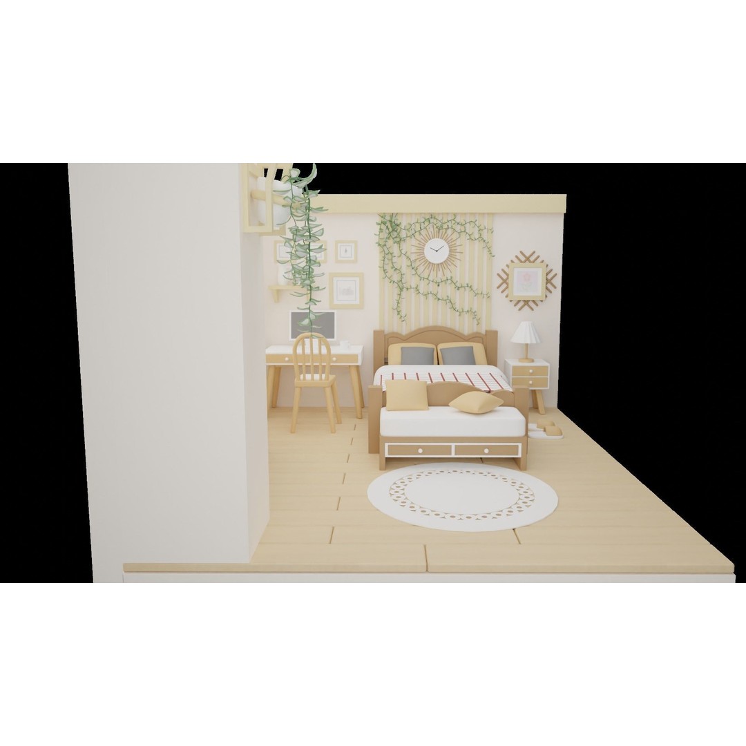 Cartoon Bedroom 3D Model – Low Poly Interior Design, FBX, OBJ - View 5