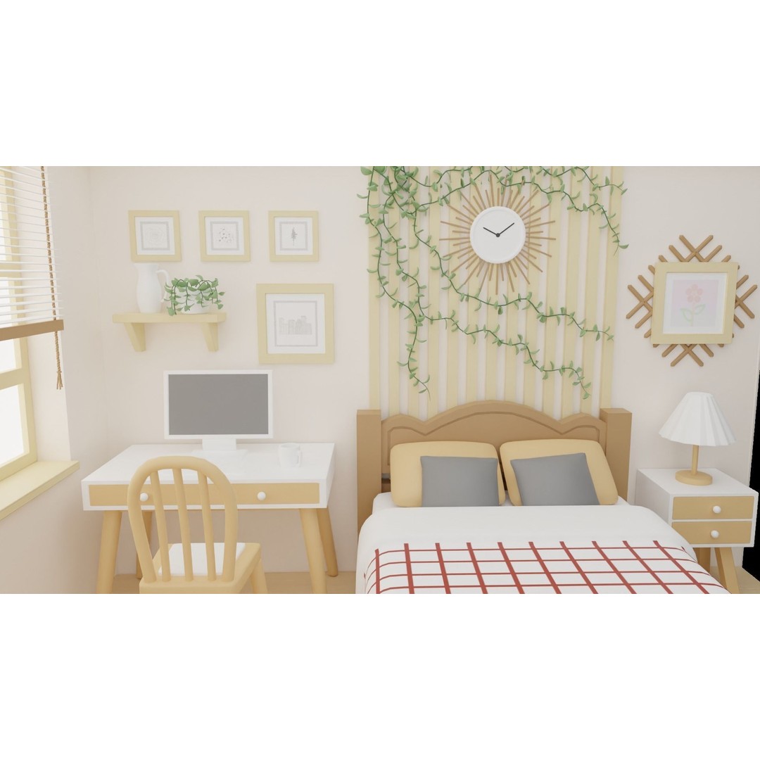 Cartoon Bedroom 3D Model – Low Poly Interior Design, FBX, OBJ - View 6