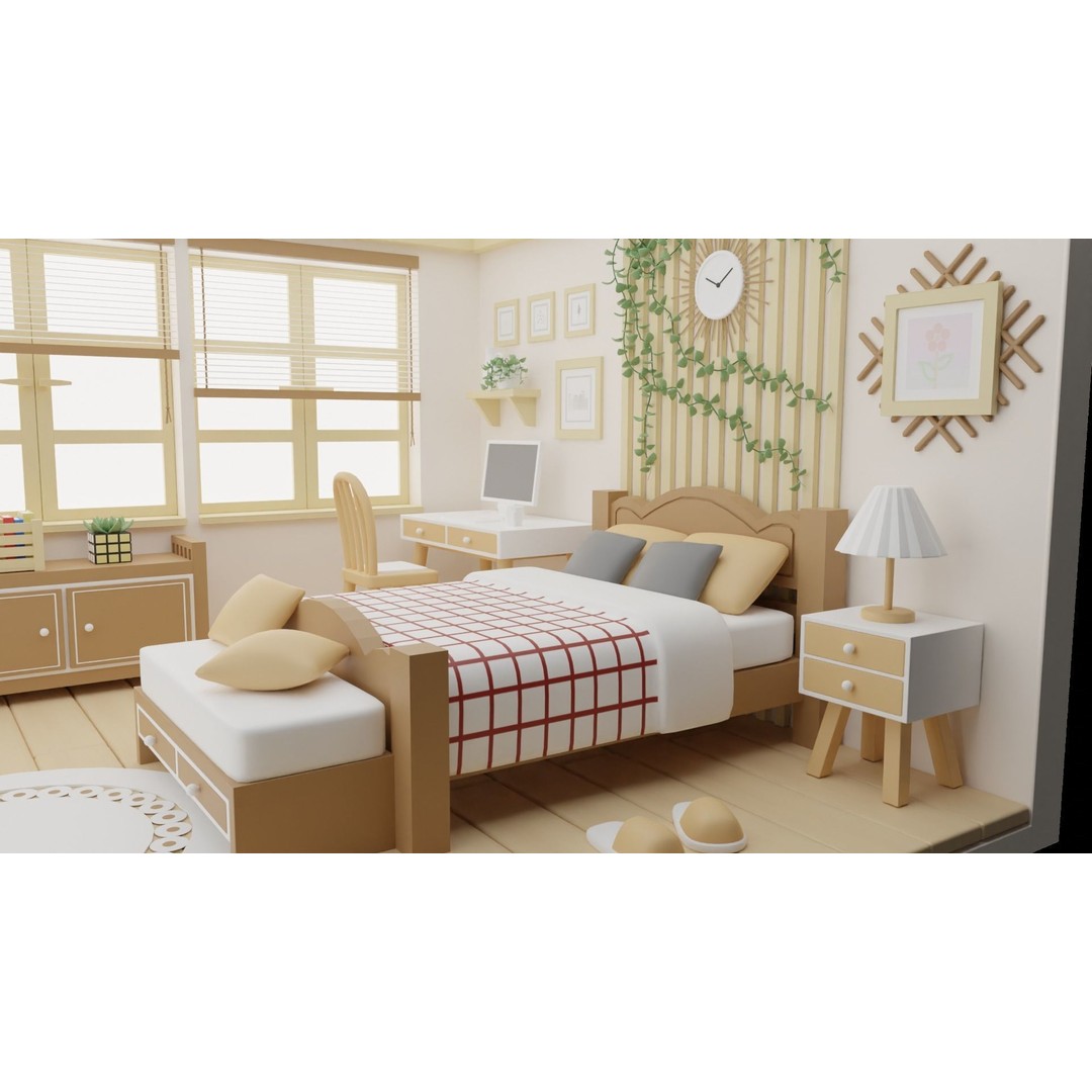 Cartoon Bedroom 3D Model – Low Poly Interior Design, FBX, OBJ - View 7