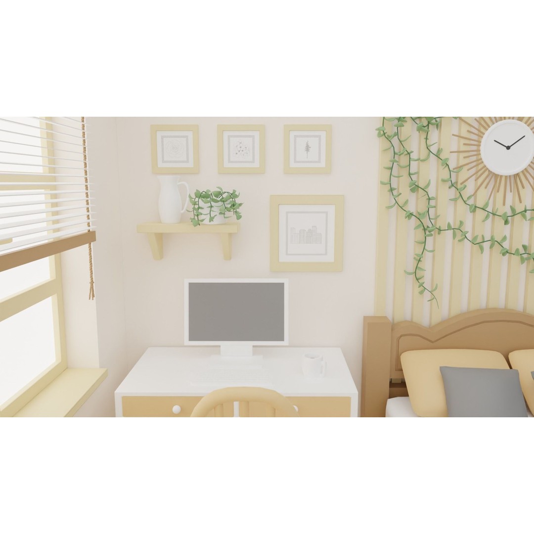 Cartoon Bedroom 3D Model – Low Poly Interior Design, FBX, OBJ - View 9