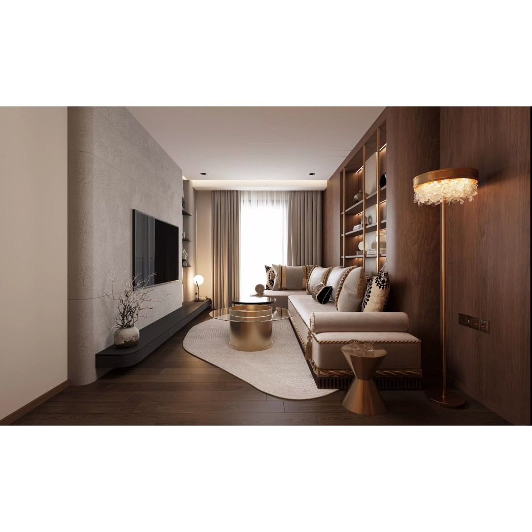 Warm Luxe Wood Living Room 3D Model – High Poly Interior Scene, FBX, OBJ - View 3