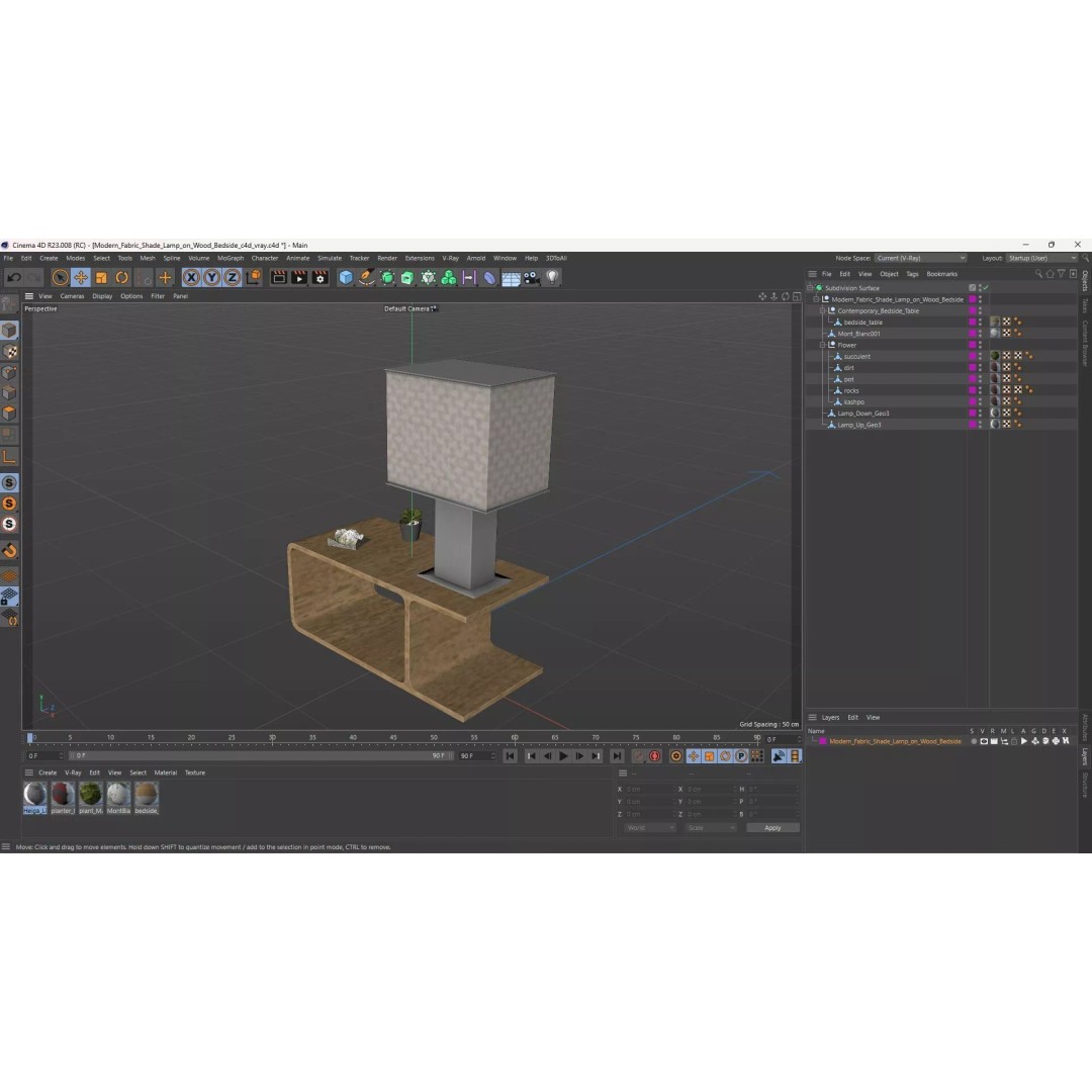 Modern Fabric Shade Lamp 3D Model – Minimalist Wood Bedside Table with PBR Textures