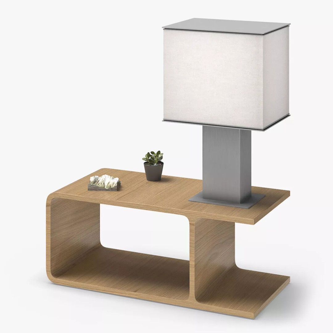 Modern Fabric Shade Lamp 3D Model – Minimalist Wood Bedside Table with PBR Textures - View 4