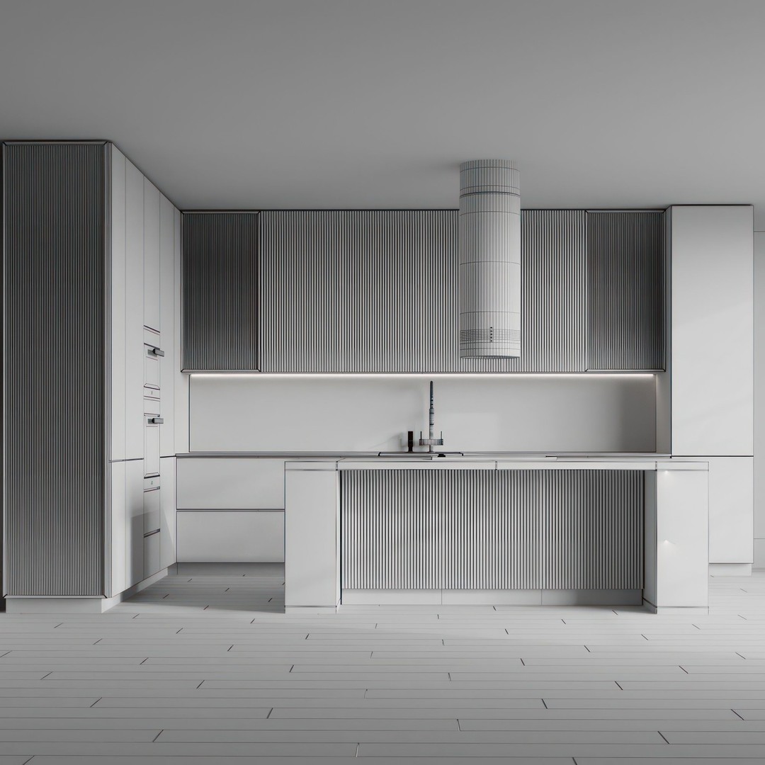 Modern L-Shape Kitchen 3D Model – Minimalist Design with Island, FBX/OBJ
