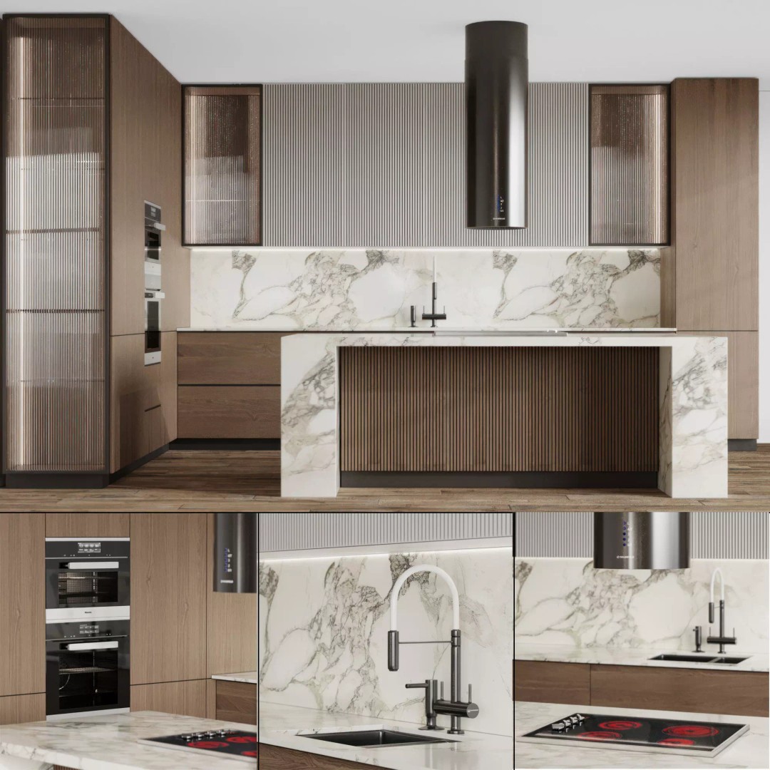 Modern L-Shape Kitchen 3D Model – Minimalist Design with Island, FBX/OBJ - View 2