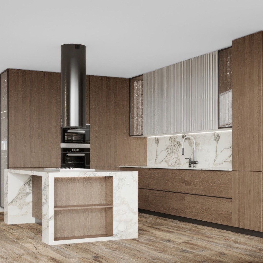Modern L-Shape Kitchen 3D Model – Minimalist Design with Island, FBX/OBJ - View 3