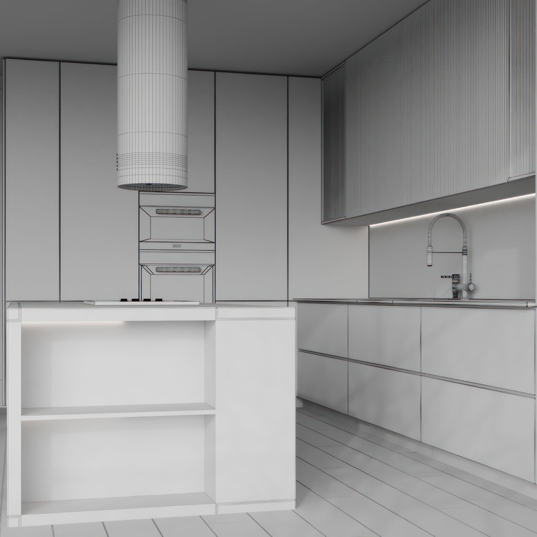 Modern L-Shape Kitchen 3D Model – Minimalist Design with Island, FBX/OBJ - View 8