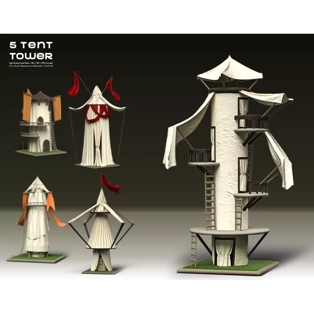 Stylized Tent Towers 3D Model – Fantasy Environment Pack, FBX & OBJ - View 2