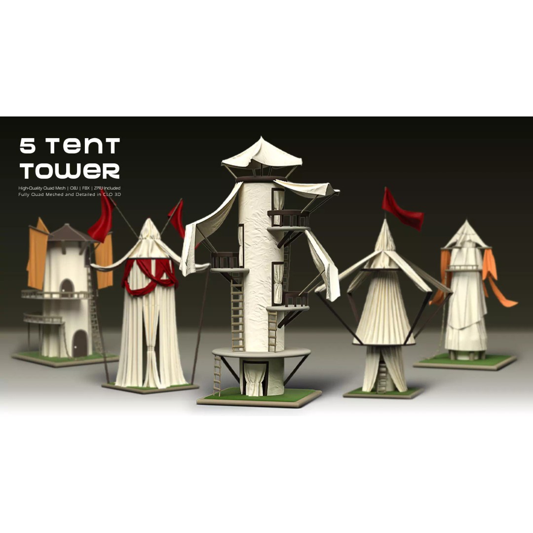 Stylized Tent Towers 3D Model – Fantasy Environment Pack, FBX & OBJ - View 3