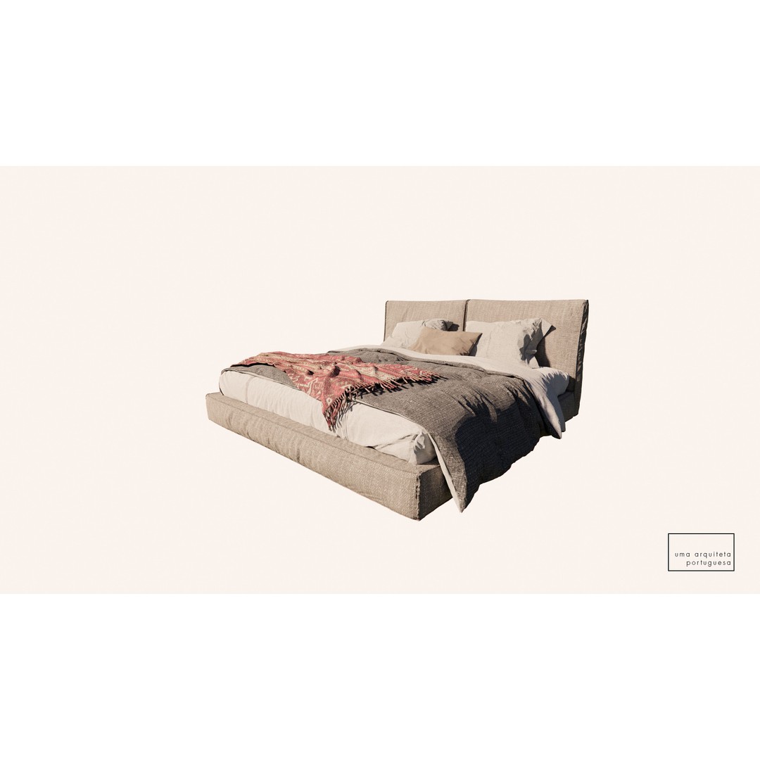 Double Bed 3D Model – Modern Fabric & Wood, Game Ready, FBX