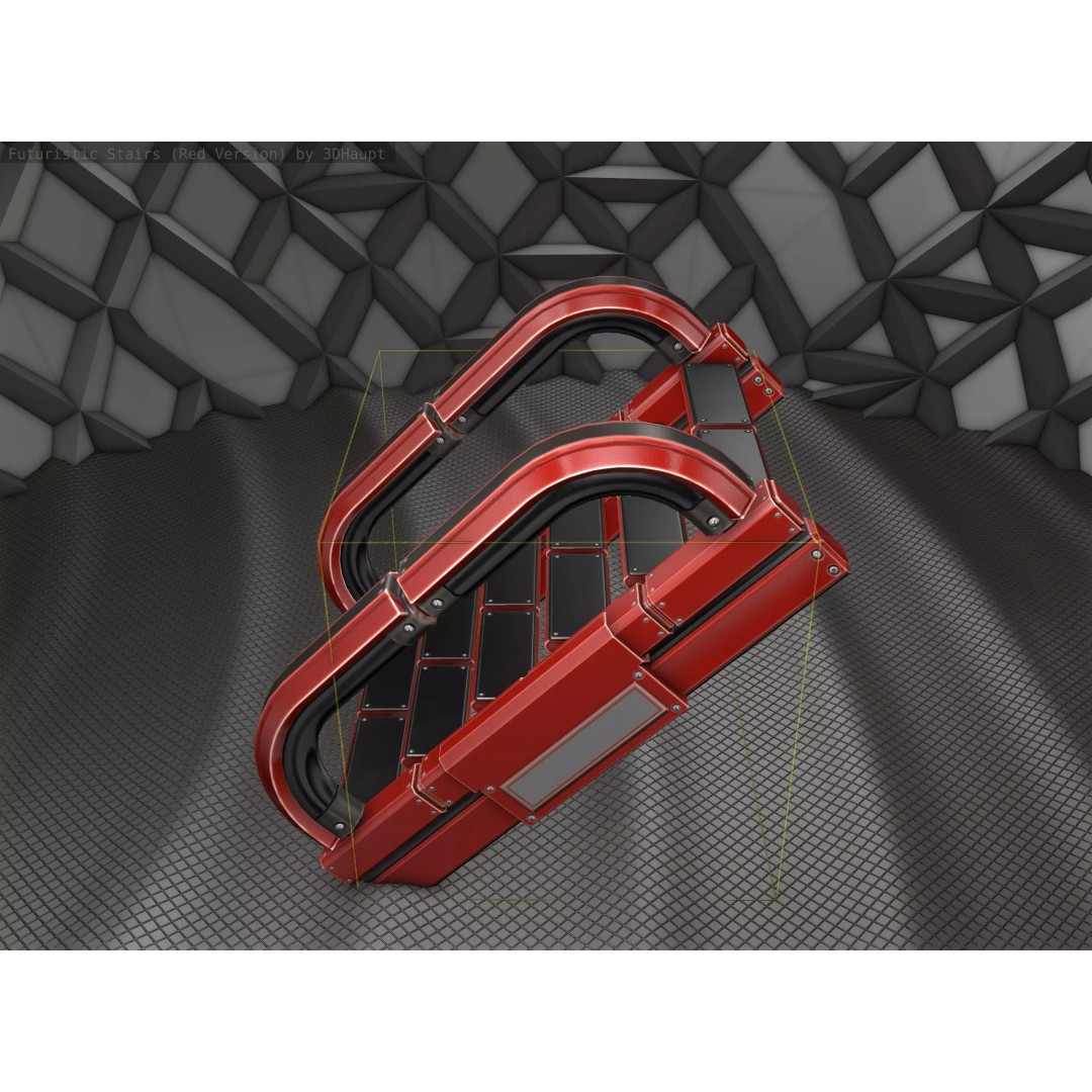 Sci-Fi Stairs 3D Model – Low Poly Red Design, Game Ready Formats - View 2