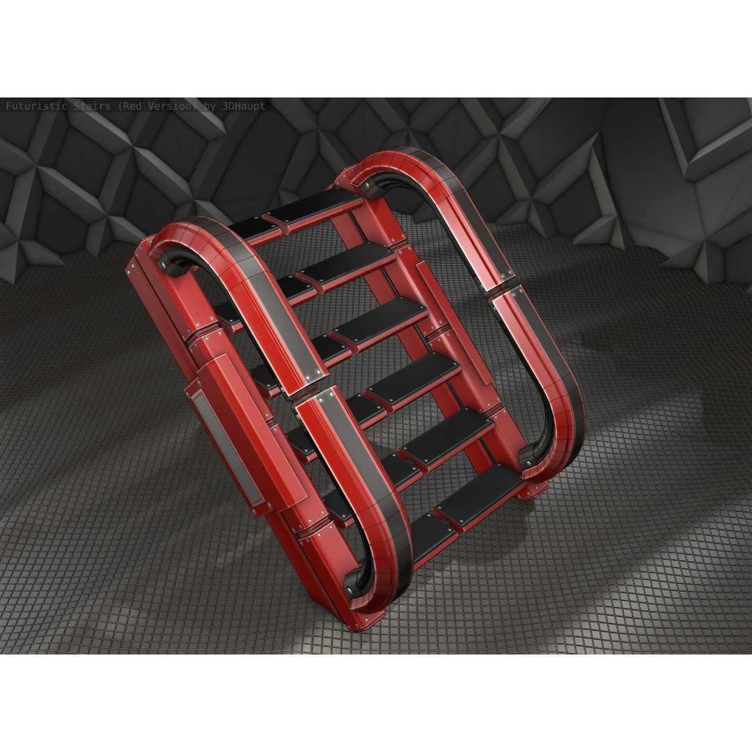 Sci-Fi Stairs 3D Model – Low Poly Red Design, Game Ready Formats - View 7