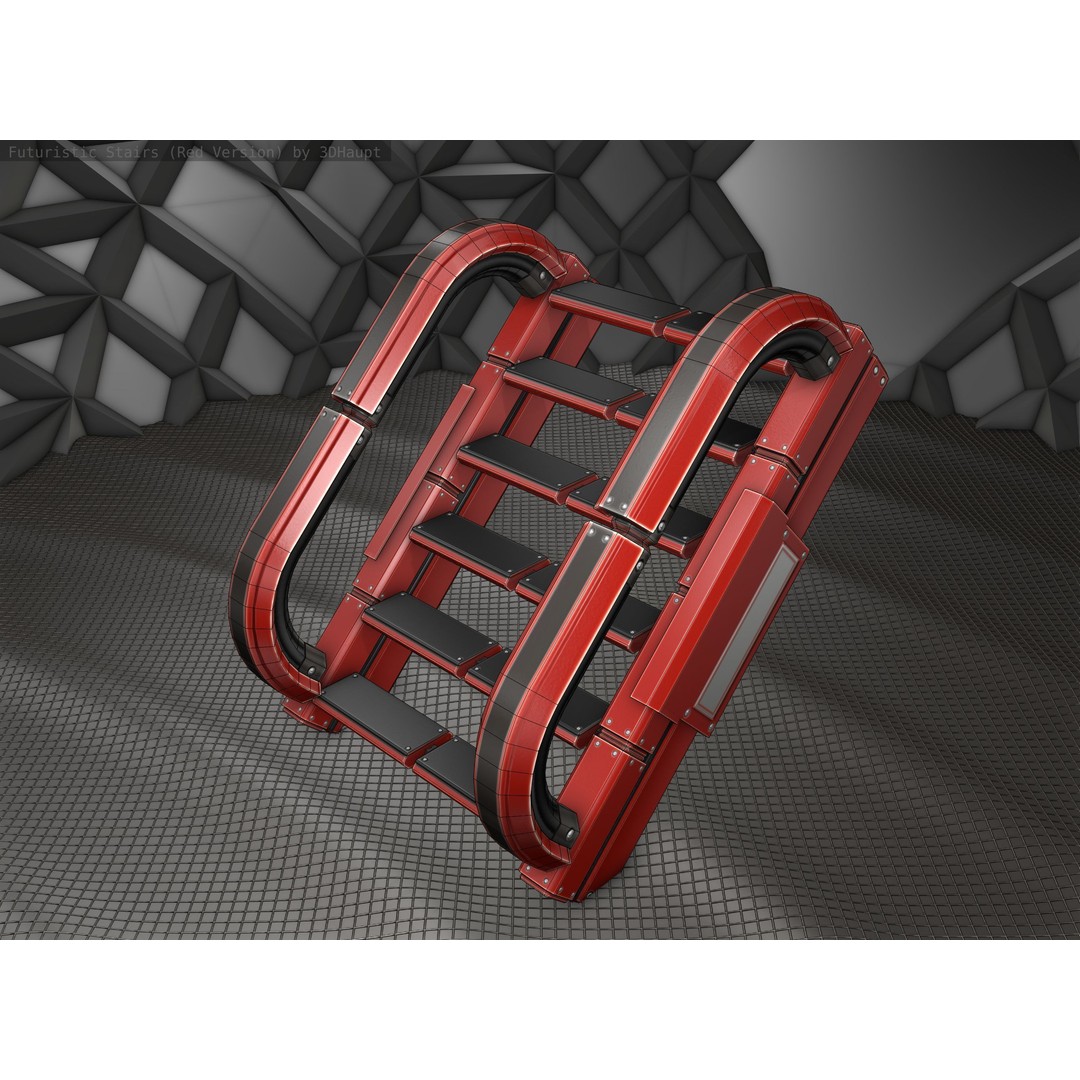 Sci-Fi Stairs 3D Model – Low Poly Red Design, Game Ready Formats - View 9