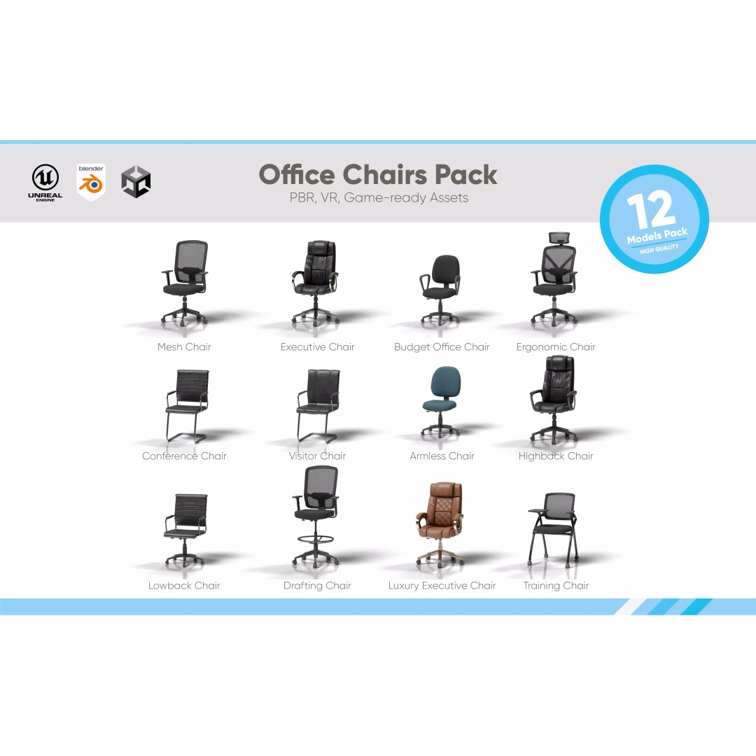 Office Chair 3D Model – Low Poly Game Ready Furniture, FBX, Blender - View 2