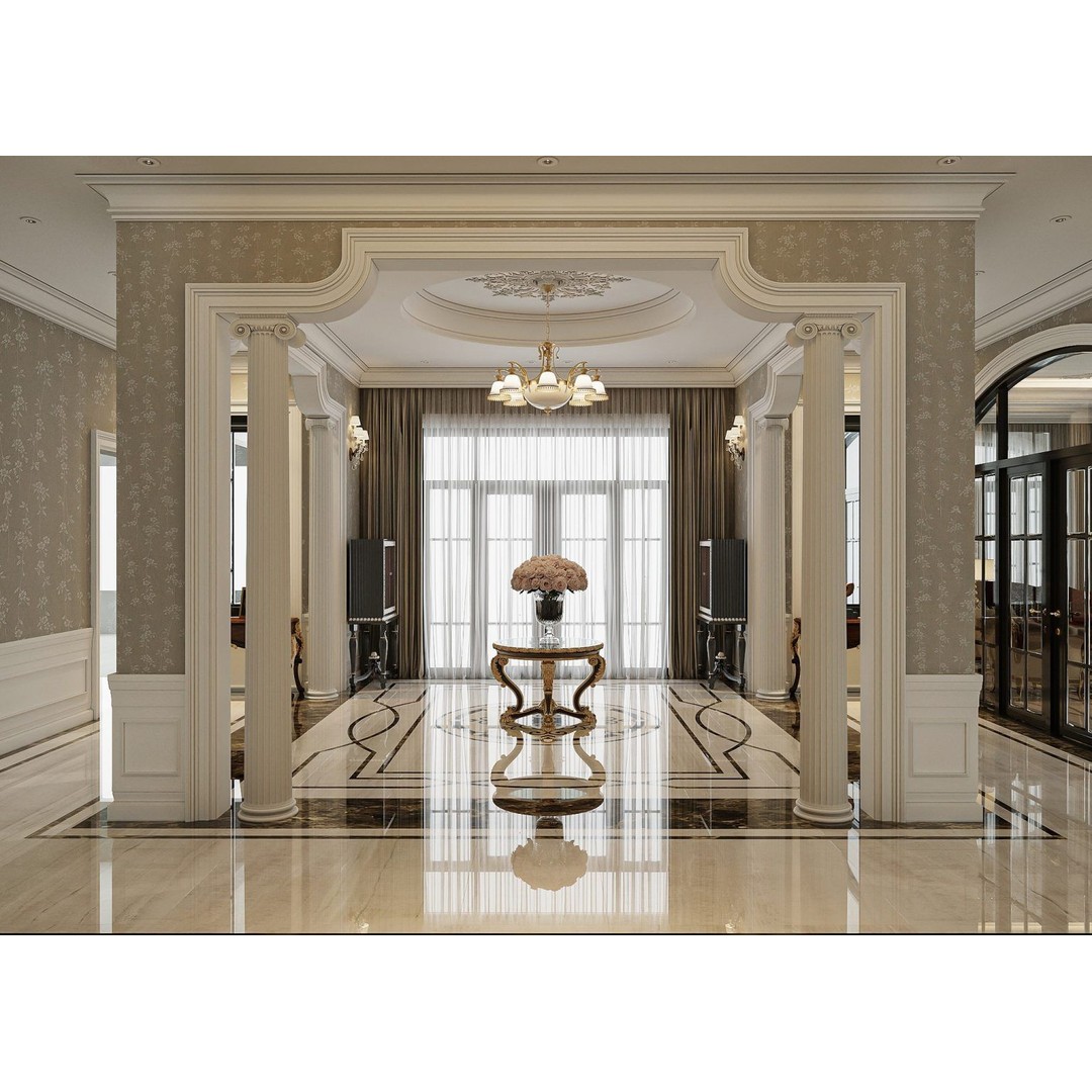 Luxurious Living Room and Dining Room 3D Model – Classic Style, Game-Ready