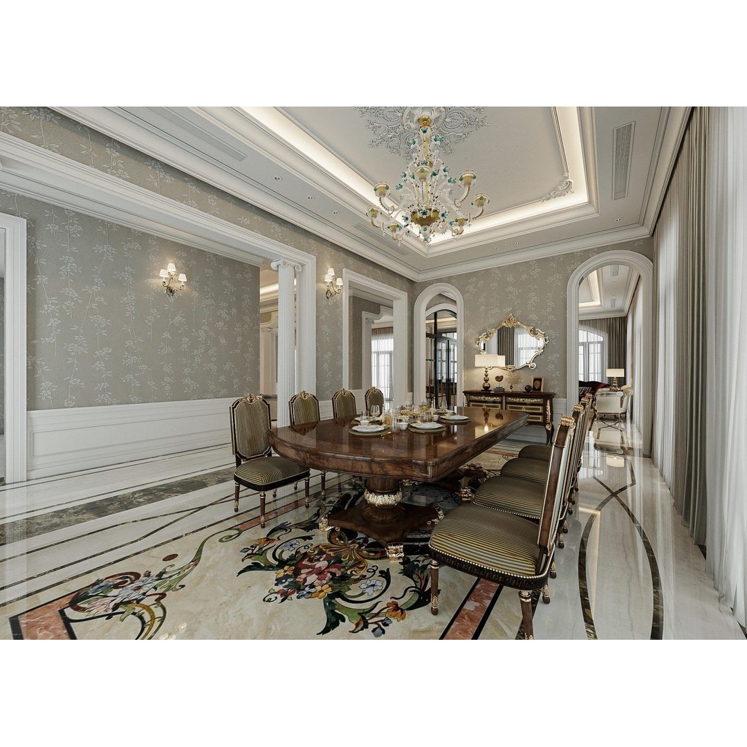 Luxurious Living Room and Dining Room 3D Model – Classic Style, Game-Ready - View 3