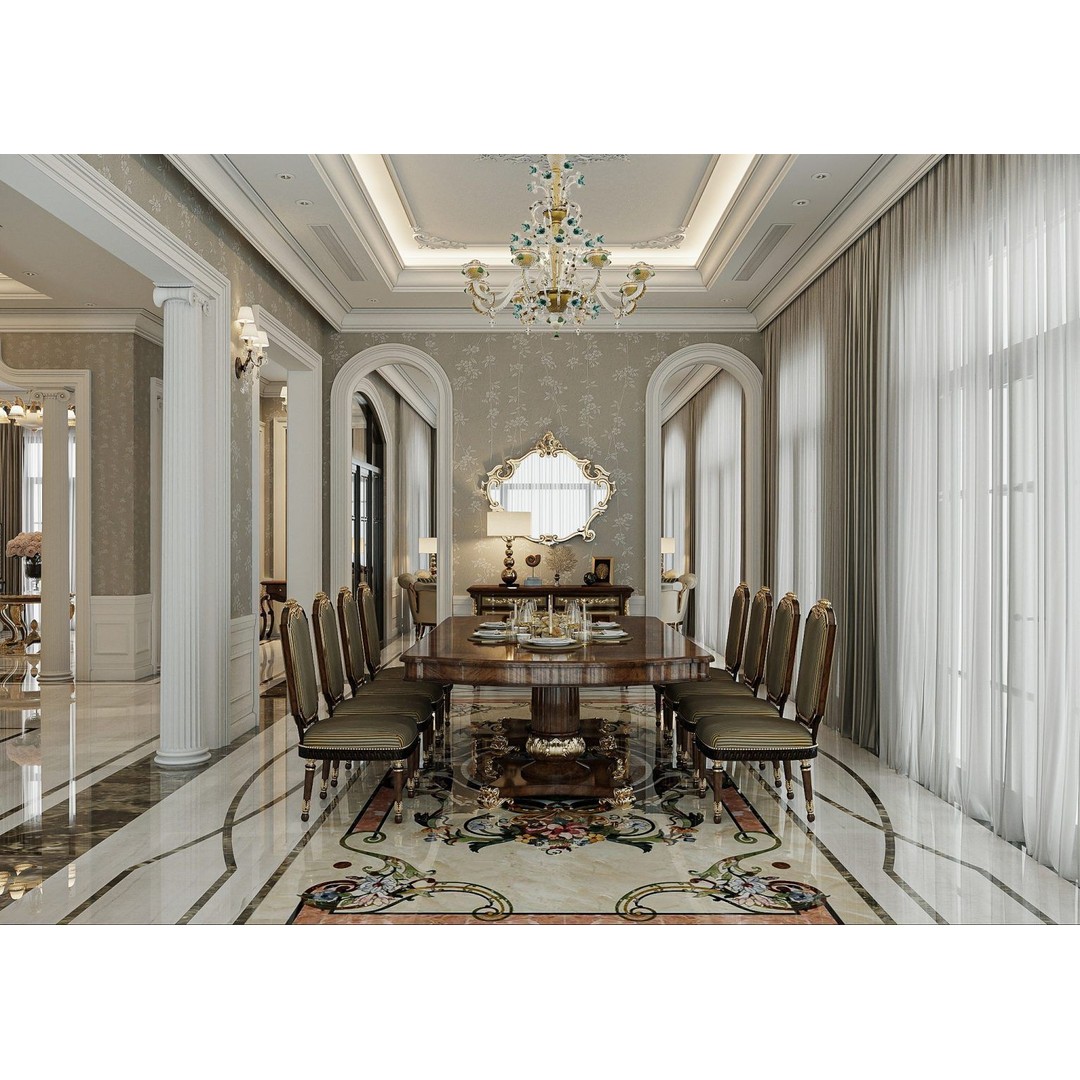 Luxurious Living Room and Dining Room 3D Model – Classic Style, Game-Ready - View 4