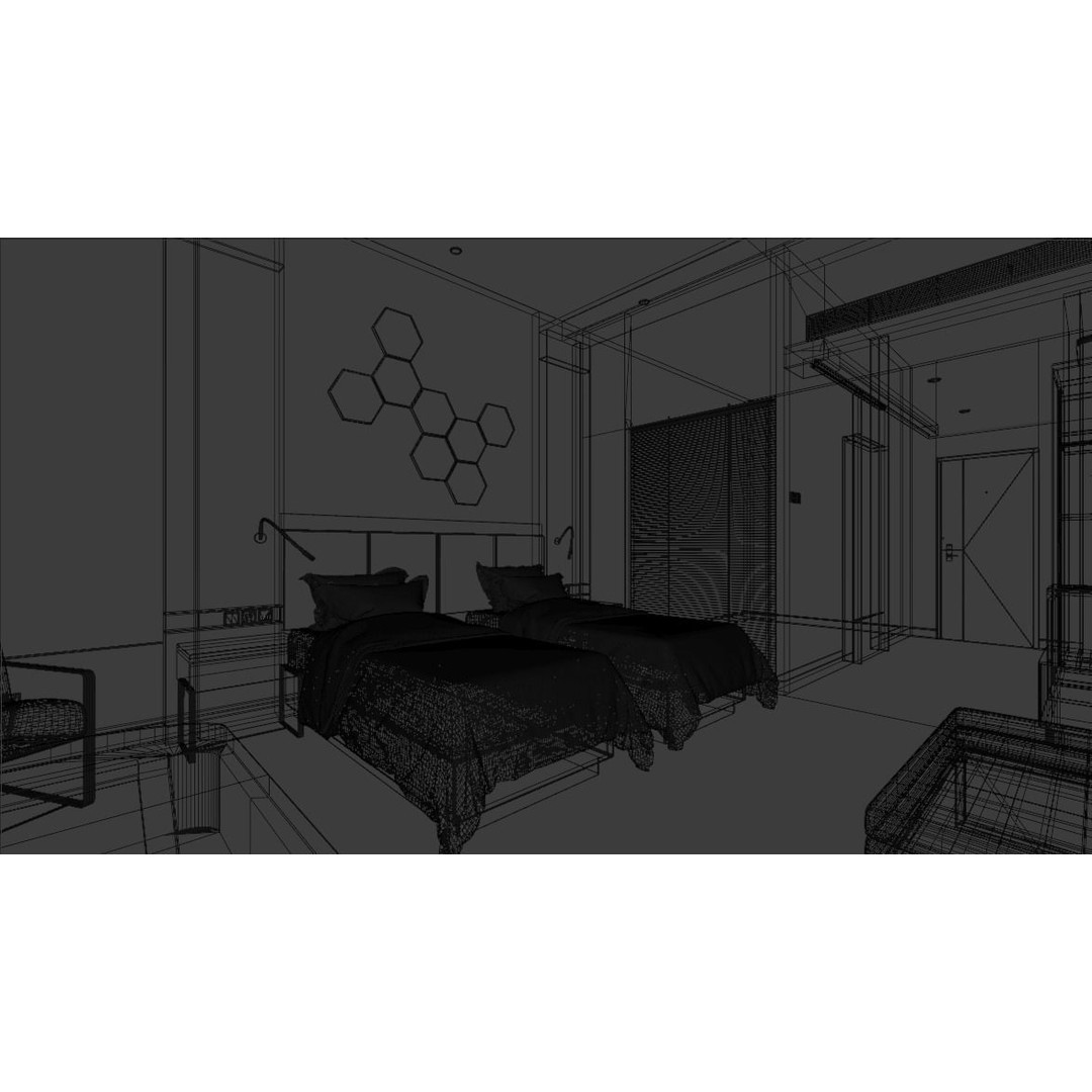Hotel Bedroom 3D Model – Low Poly Interior Design, Blender, FBX