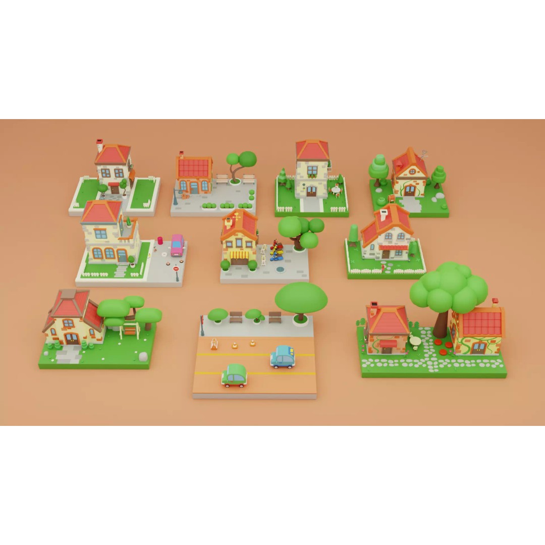 Cartoon Town Islands Exteriors 3D Model – Low Poly Game Asset, FBX - View 3