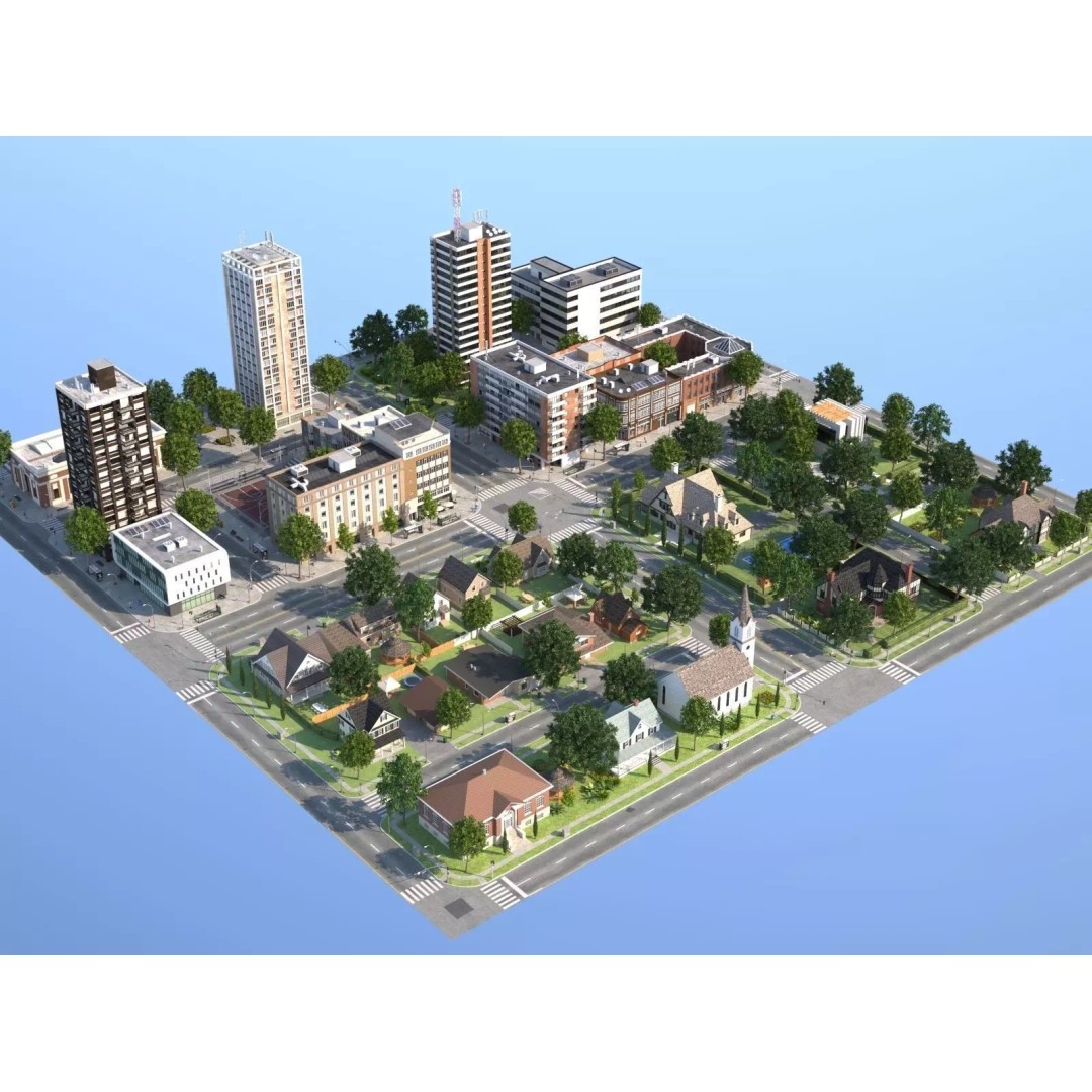 Modular Town 3D Model – Low Poly Cityscape with Detailed Buildings - View 2