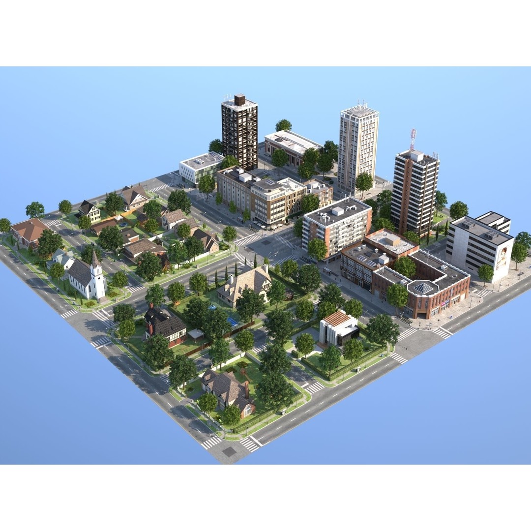Modular Town 3D Model – Low Poly Cityscape with Detailed Buildings - View 24