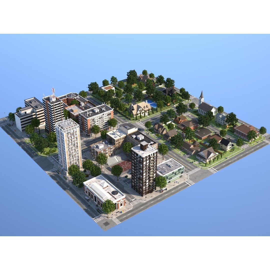 Modular Town 3D Model – Low Poly Cityscape with Detailed Buildings - View 3
