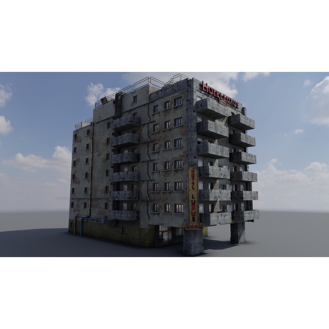 Old Neglected Hotel 3D Model – Low Poly Architectural Asset, FBX, Blender - View 3